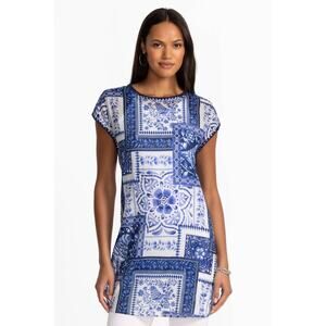 Johnny Was Dolman Tunic Blue & White Bird Patchwork 100% Cotton Blouse Size XL